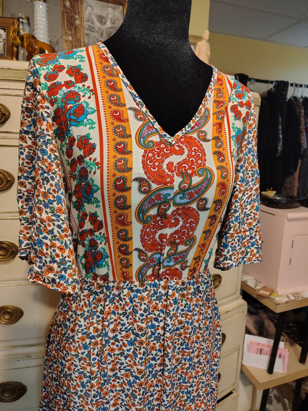 Printed Bohemian V-Neck Maxi Dress in Orange, Red, Blue and Teal - Picture 2 of 16